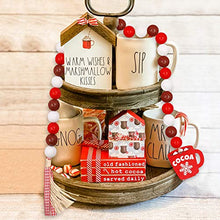 Load image into Gallery viewer, Huray Rayho Hot Cocoa Wood Bead Garland Decorations Farmhouse Christmas Holiday Tiered Tray Decor Hot Chocolate Marshmallow Rustic Wooden Beads with Red Plaid Tassels Winter New Year Ornaments