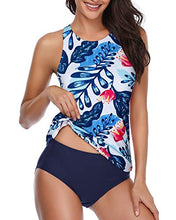 Load image into Gallery viewer, Holipick Women Blue Floral Tankini Swimsuits High Neck Swim Tank Tops Tummy Control Two Piece Bathing Suits Halter Swimwear L