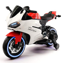 Load image into Gallery viewer, Street Racer 12V Battery Power Motorized Electric Kids Ride-On Motorcycle Bike + EVA Foam Rubber LED Wheels + Leather Seat + MP3 Music Player + Spring Shock Suspension + Training Wheels (Red)