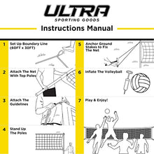 Load image into Gallery viewer, Ultra Sporting Goods Volleyball Net - Includes 32x3 Feet Regulation Size Net, 8.5-Inch PU Volleyball, Carrying Bag, Boundary Lines, Steel Poles & Pump - Height Adjustable for Men, Women & Co-Ed Games