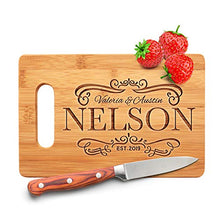 Load image into Gallery viewer, Personalized Cutting Board - 9 Designs |6" x 9"| Bamboo Cutting Board - Wedding Gifts for the Couple, Housewarming Gifts, Anniversary Gift, Grandma Gifts, Engraved Kitchen Sign & Decor - Handle