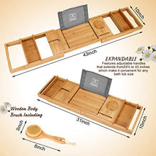 Load image into Gallery viewer, FITNATE Luxury Bathtub Tray, Wooden Bathtub Tray with Extendable Sizes, Adjustable, Non-Slip & Durable, Bathtub Tray Caddy with Wooden Body Brush,Wine Glass Slot, Phone Tray, Book Holder