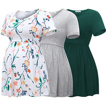 Load image into Gallery viewer, Bearsland Maternity Tops Short Sleeve Scoop Neck Breastfeeding Shirt Pregnancy Clothes,Green&Light Gray&White Flower,M
