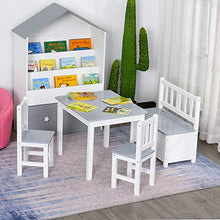 Load image into Gallery viewer, Qaba 4-Piece Set Kids Wood Table Chair Bench with Storage Function Toddlers Age 3 Years up, Grey and White