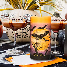 Load image into Gallery viewer, DRomance Flameless Flickering Candles Battery Operated with 6 Hour Timer, Set of 3 Real Wax LED Pillar Candles Warm Light with Castle, Witch, Bats Decal Halloween Decor Candles for Kids(D3" x H6")