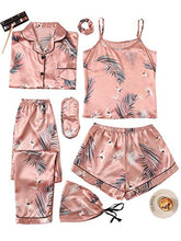 Load image into Gallery viewer, SheIn Women's 7pcs Pajama Set Cami Pjs with Shirt and Eye Mask Pink Crane Small