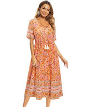Load image into Gallery viewer, Arach&Cloz Women's Boho Tie Neck Printed Short Sleeve Floral Summer Loose Tassels Casual Midi Dress with Pockets (Floral01,S)