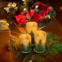 Load image into Gallery viewer, Rocinha Christmas Flameless Candles with Timer Battery Operated Flickering Candles Set of 3 Real Wax Christmas Pillar Candles with Christmas Tree Printing