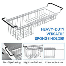Load image into Gallery viewer, Sink Caddy Sponge Holder Kitchen Sink Organizer Sponge Caddy Farmhouse Sink Accessories Rag Detergent Brush Dishwashing Liquid Rack Expandable 14-3/4" to 20" Stainless Steel