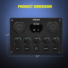 Load image into Gallery viewer, Nilight - 90125E 5 Gang Multi Function Rocker Switch Green Backlit Dual USB Charger + Digital Voltmeter +12V Outlet Pre-Wired Switch Panel with Inline Fuse for RVs Cars Boats Trucks Trailers