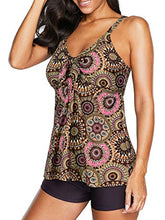 Load image into Gallery viewer, Zando Womens Tankini Swimsuits for Women Tummy Control Plus Size Bathing Suits for Women Athletic Two Piece Swimsuit with Boyshorts Coffee Flower 8-10