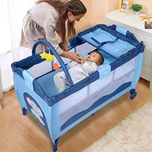 Load image into Gallery viewer, BABY JOY Portable Baby Playard, 3 in 1 Foldable Reversible Napper and Changer, Portable Playard Travel Bassinet Bed with Hanging Toys, 2 Lockable Wheels Diaper Changing Table (Blue)