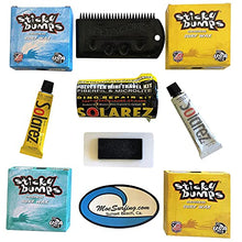 Load image into Gallery viewer, Sticky Bumps Wax plus Solarez UV Cure Resin Ding Repair Kit and 2 Bars of Tropical Wax, 1 Bar Base Coat, 1 Bar Cool Wax and a Flexcomb to Clean Your Board