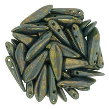 Load image into Gallery viewer, Czechmate 16mm X 5mm X 3mm Dagger Glass Czech Two Hole Bead - Persian Turquoise - Bronze Picasso (25 beads)