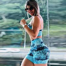 Load image into Gallery viewer, Women's High Waisted Tummy Control Athletic Yoga Shorts Rave Printed Ruched Butt Lifting Biker Workout Running Shorts Water Blue Medium