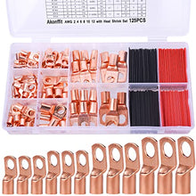 Load image into Gallery viewer, Copper Wire Lugs AWG 2 4 6 8 10 12 with Heat Shrink Set, 60Pcs Battery Cable Lugs Ring Terminals Connectors,Tubular Ring Terminals,AWG Crimp Wire Ring Lugs, 65Pcs Heat Shrink Tubing (125)