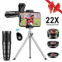 Load image into Gallery viewer, Apexel Phone Lens Kits-22x Telephoto Lens/205°Fisheye Lens/120°Wide Angle Lens&20x Macro Lens/Tripod and Remote Shutter Works with iPhone 11 Plus X XS XR Samsung Huawei
