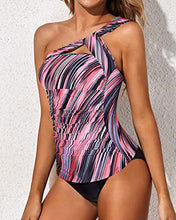 Load image into Gallery viewer, Tempt Me Pink Striped Two Piece Tankini Bathing Suits for Women One Shoulder Swim Top with Shorts Swimsuits L