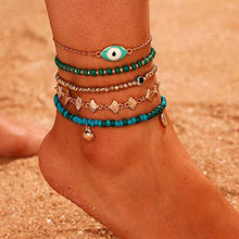 Load image into Gallery viewer, Aimimier Bohemia Evil Eye Shell Anklet Set 5Pcs Green Blue Beads Ankle Bracelet Boho Beach Jewelry for Women and Girls