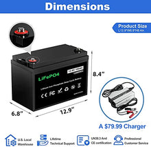 Load image into Gallery viewer, LPFMAX 12V 100Ah LiFePO4 Deep Cycle Battery, Lithium Iron Phosphate Battery with BMS Protection, 2000-5000 Cycles, 10 Years Life, Waterproof for RV, Solar, Marine, Trolling Motor, Golf Cart