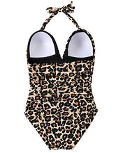 Load image into Gallery viewer, RXRXCOCO Women V Neck One Piece Swimsuits Tummy Control Ruched Swimwear Halter Bathing Suit Leopard Small