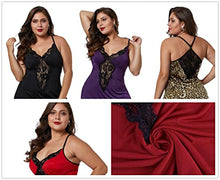 Load image into Gallery viewer, lime flare Women Sexy Plus Size Lace Trim Chemise Nightgown Silk Satin Sleep Nighty Lingerie Sleepwear Set (2X-Large(US 18-20),Bluish Green with satin bow detail)