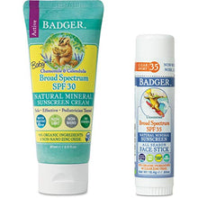 Load image into Gallery viewer, Badger - SPF 30 Baby Sunscreen Cream with Zinc Oxide, 2.9 fl oz & SPF 35 Clear Zinc Sport Sunscreen Stick, Unscented, 0.65 oz