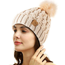 Load image into Gallery viewer, PAGE ONE Womens Winter Ribbed Beanie Crossed Cap Chunky Cable Knit Pompom Soft Warm Hat Navy