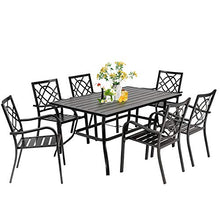 Load image into Gallery viewer, SUNCROWN 7-Piece Outdoor Wrought Iron Chairs and Table Patio Dining Furniture Set - 6 Stackable Metal Chairs and 1 Rectangular Steel Slat Bistro Table with 1.57" Umbrella Hole for Garden Backyard Deck