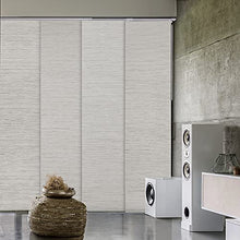 Load image into Gallery viewer, GoDear Design Deluxe 99.99% Blackout Adjustable Sliding Panel Track Blind 45.8"- 86" W x Up to 96" H, Extendable 4-Rail Track, Metallic Luster Trimmable Pleated Natural Woven Fabric, Mica +