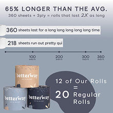 Load image into Gallery viewer, Betterway Bamboo Toilet Paper 3 PLY - Eco Friendly, Sustainable Toilet Tissue - 12 Double Rolls & 360 Sheets Per Roll - Septic Safe - Organic, Plastic Free, Compostable & Biodegradable - FSC Certified