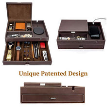 Load image into Gallery viewer, HOUNDSBAY Admiral Big Dresser Valet Box & Mens Jewelry Box Organizer with Large Smartphone Charging Station (Dark Brown)