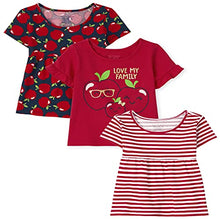 Load image into Gallery viewer, The Children's Place Baby Toddler Girl Sleeve Top 3-Pack, Apple/Stripe/Family 3 Pack, 12-18 Months