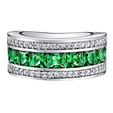 Load image into Gallery viewer, Sterling Silver Princess Cut Simulated Emerald 3-Row Wedding Ring Band 1.5 Carats Size 6