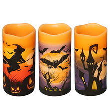 Load image into Gallery viewer, DRomance Flameless Flickering Candles Battery Operated with 6 Hour Timer, Set of 3 Real Wax LED Pillar Candles Warm Light with Castle, Witch, Bats Decal Halloween Decor Candles for Kids(D3" x H6")