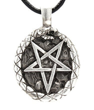 Load image into Gallery viewer, Trilogy Jewelry Pewter Ouroboros Snake Around Inverted Pentagram Pendant on Leather Necklace