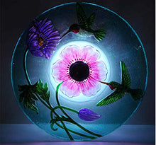 Load image into Gallery viewer, Peaktop 3200670 Outdoor Hand-Painted Hummingbird Fusion Glass Solar Birdbath Bowl Feeder with LED Light and Metal Legs for Patio Garden Backyard, 18-Inch, Blue and Pink