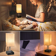 Load image into Gallery viewer, USB Bedside Table Lamp,Hansang Nightstand Lamp with Dual Charging Ports,LED Desk Lamps for Bedrooms,Tetragon Fabric Linen Lamp Shade with Pull Chain,E26 Warm White Light Bulb Included