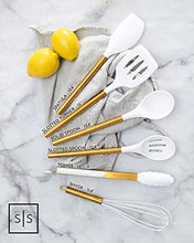Load image into Gallery viewer, White Silicone and Gold Cooking Utensils for Modern Cooking and Serving, Stainless Steel Gold Serving Utensils - Spatulas for Non Stick Cookware