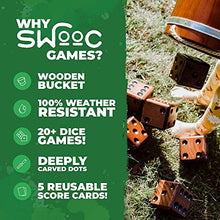 Load image into Gallery viewer, SWOOC Games - Yardzee, Farkle & 20+ Games - Giant Yard Dice Set (All Weather) with Wooden Bucket, 5 Big Laminated Score Cards, and Dry Erase Marker - Jumbo Backyard Lawn Games