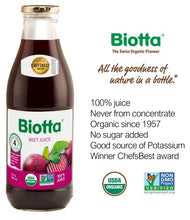 Load image into Gallery viewer, Biotta Organic Beet Juice - 100% Natural Beetroot Superfood - Helps Support Blood Pressure, Brain, Stamina & Energy - Natural Nitric Oxide & Potassium Booster - Gluten Free (32 Fl Oz, Pk of 4)