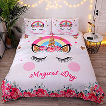 Load image into Gallery viewer, DEERHOME Cute Flower Unicorn Kids Bedding White Pink Golden Ears Unicorn 3 Pieces Bedding Duvet Cover Sets Gifts for Teens and Girls,Twin Size