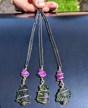 Load image into Gallery viewer, MOLDAVITE & SUGILITE Pendant in Real Gold! 12 Kt Genuine Crystal 19" Necklace. Synergy 12 Tektite Metaphysical Jewelry Meteorite Wire Wrap Stone
