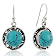 Load image into Gallery viewer, 925 Sterling Silver Blue Turquoise Gemstone Rope Edge Round Dangle Hook Earrings 1.2"