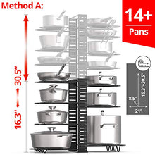 Load image into Gallery viewer, Vdomus extensible pot rack organizer with 4 DIY methods, length adjustable and max extended to 31 inches 13+ pans holder, black metal kitchen cabinet pantry pot lid holder