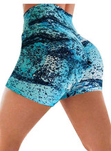 Load image into Gallery viewer, Women's High Waisted Tummy Control Athletic Yoga Shorts Rave Printed Ruched Butt Lifting Biker Workout Running Shorts Water Blue Medium