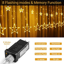 Load image into Gallery viewer, Quntis LED 12 Stars Curtain Lights - 138 LEDs Window Icicle Christmas Lights 8 Modes Decorative Backdrop Fairy String Lights for Outdoor Indoor Home Bedroom Wedding Party Holiday Wall, Warm White