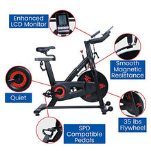 Load image into Gallery viewer, Finer Form Indoor Exercise Bike with 35 Lb Flywheel Belt-Driven Stationary Bike - Tablet iPad Holder, LCD Monitor, Cadence Reading, and SPD Compatible Pedals