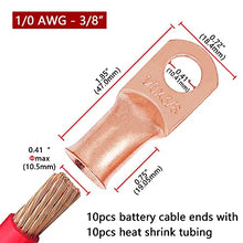 Load image into Gallery viewer, TKDMR 10pcs 1/0 AWG-3/8" Battery Lugs,Battery Cable Ends,Heavy Duty Copper Wire Lugs,Tubular Ring Terminals,AWG Crimp Wire Ring Lugs,Battery Terminal Connectors with 3:1 Heat Shrink Tubing