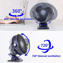 Load image into Gallery viewer, 4000mAh Battery Operated Clip On Fan 3 Speeds Ultra Quiet 360°Adjustable USB Fan Sturdy Clamp Portable for Outdoor Camper or Indoor Gym Treadmill Personal Office Desk, Last 30 hrs, 7-Inch